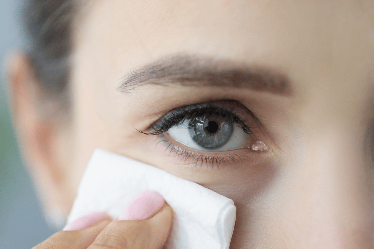 close-up of a woman wiping her face with a tissue