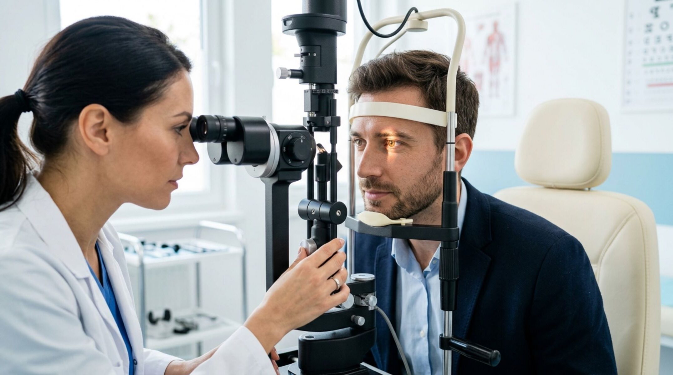 Female Optometrist performing a Neuro-Optometric Rehabilitation to male patient